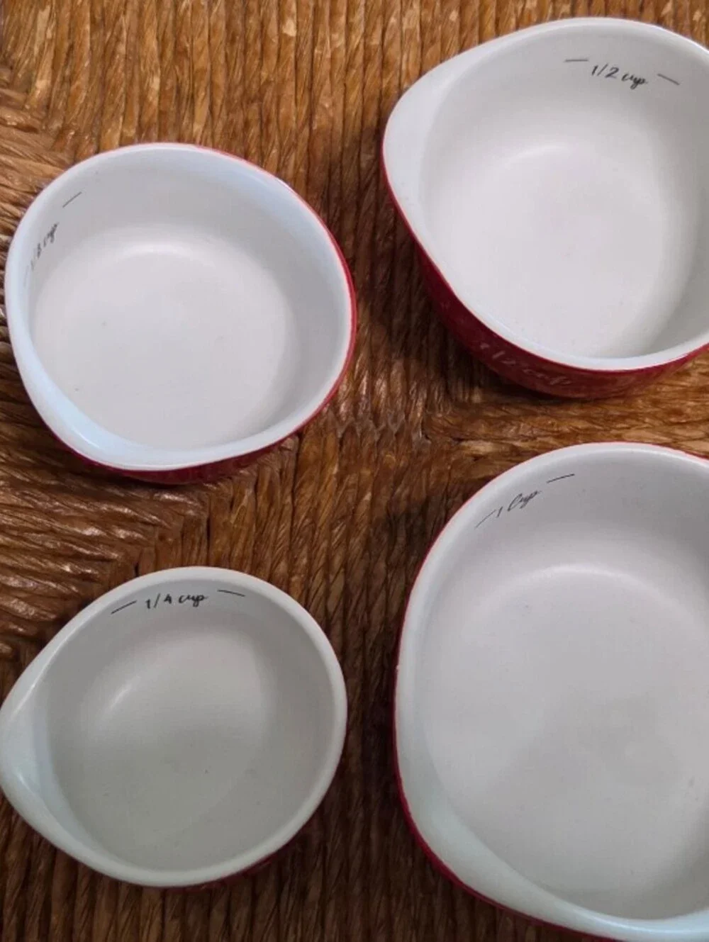 Sleigh Bell Bistro Set of 4 Red Ceramic Measuring Cups with White Interior